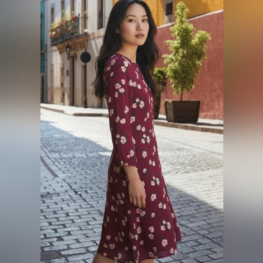 Banana Republic Burgundy Floral Long Sleeve Midi Dress